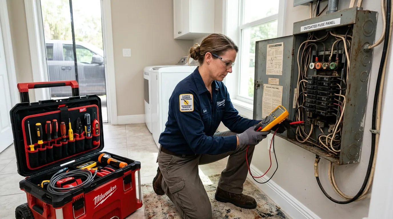 Outdated electric panel upgrade in Sarasota FL with a professional electrician inspecting an old residential panel.