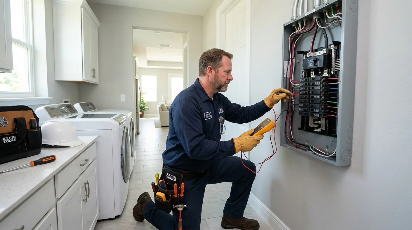 Electrical Services in Auburndale FL electrician inspecting a residential electrical panel.